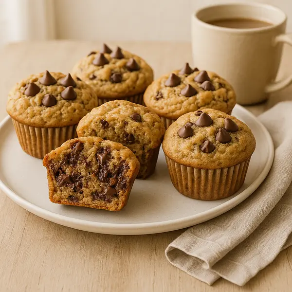 Protein Banana Muffins: Easy & Healthy - The Best Family-Favorite 9 Banana protein muffins on a ceramic plate with coffee