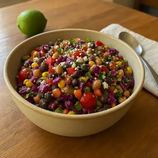 Dense bean salad with black beans, corn, cherry tomatoes, and red cabbage in a white bowl