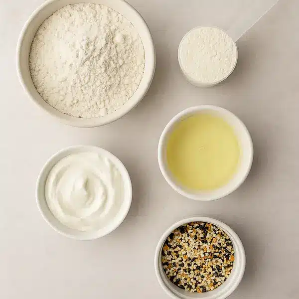 Protein Bagels: The Best 30g High-Protein Bagels You’ll Love 7 Self-rising flour, protein powder, Greek yogurt, egg white, and everything bagel seasoning in ceramic bowls