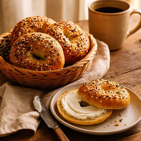 Protein Bagels: The Best 30g High-Protein Bagels You’ll Love 9 Sliced protein bagel topped with cream cheese on a rustic plate beside whole bagels and coffee
