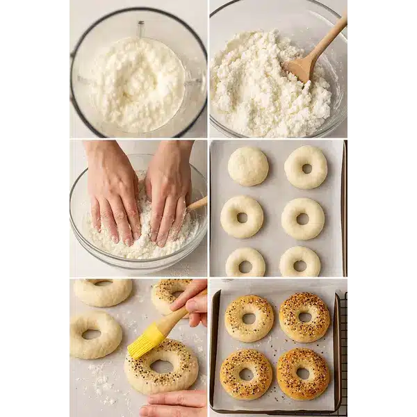 Cottage Cheese Bagels You’ll Love: A High-Protein, 3-Ingredient Wonder 8 Step-by-step collage showing how to make Cottage Cheese Bagels from blending to baking.