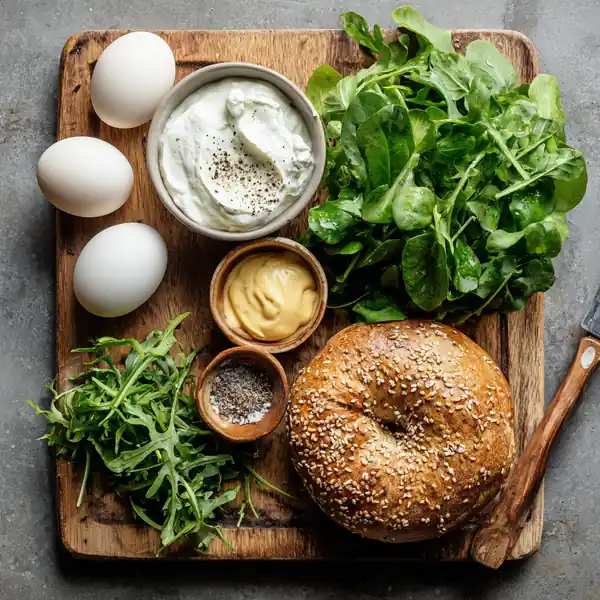 5 Healthy High-Protein Bagel Toppings That Actually Keep You Full 25 top-down view of bagel toppings, eggs, yogurt, mustard, leafy greens on wood board