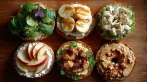 Six high-protein bagel toppings on a serving board with hummus, egg salad, yogurt spread, ricotta, and peanut butter.