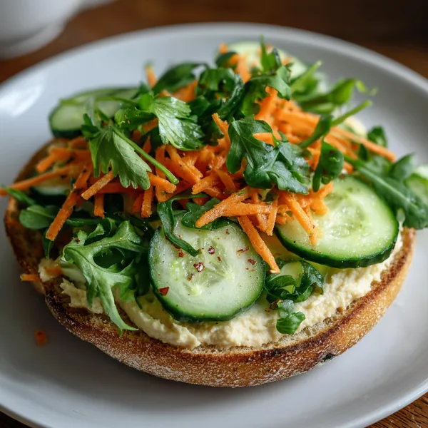 5 Healthy High-Protein Bagel Toppings That Actually Keep You Full 28 toasted bagel topped with hummus, sliced cucumber, shredded carrot, arugula, fresh veggie bagel toppings