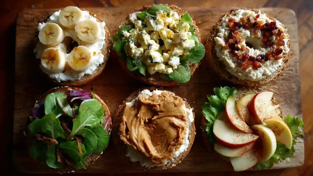5 Healthy High-Protein Bagel Toppings That Actually Keep You Full 31 six assorted bagel toppings on wooden board – includes banana, greens, peanut butter, feta, and apple