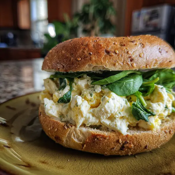 5 Healthy High-Protein Bagel Toppings That Actually Keep You Full 24 whole grain bagel with creamy egg salad and spinach, rustic style bagel toppings
