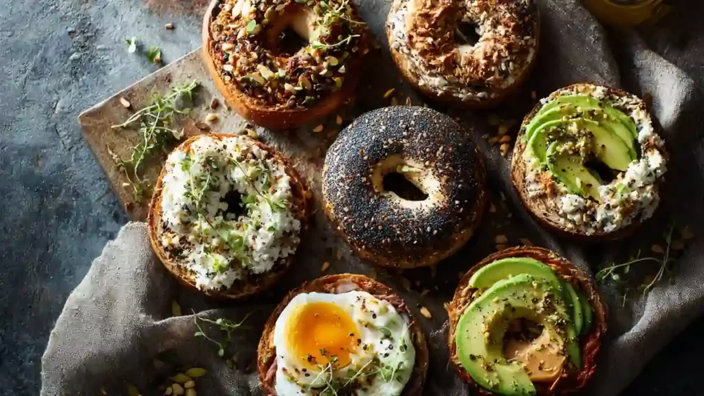 Assorted high-protein bagels on cutting board