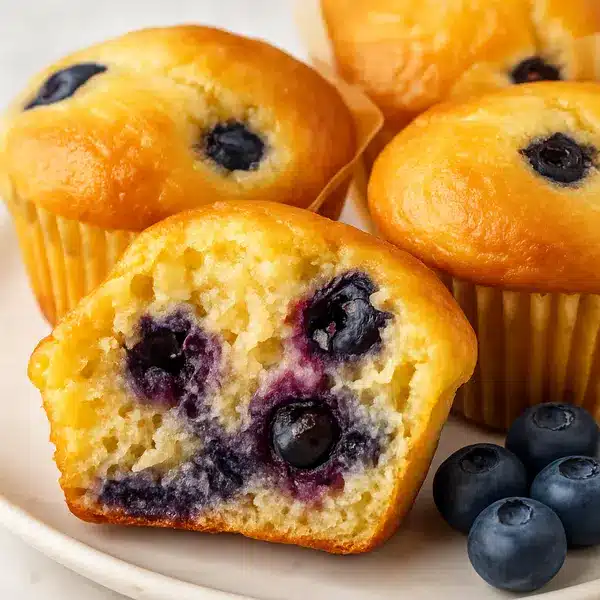 Blueberry Protein Muffins: 9g Protein, Irresistible Snack You’ll Love 9 Served blueberry protein muffins on a plate with scattered blueberries and milk.