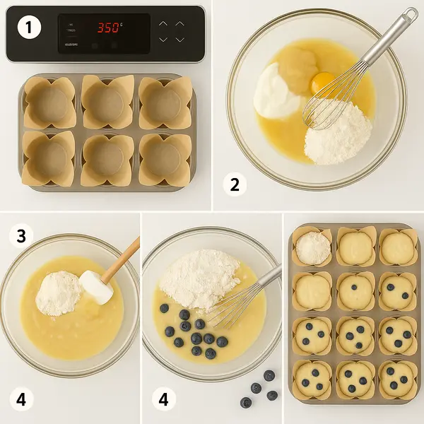 Blueberry Protein Muffins: 9g Protein, Irresistible Snack You’ll Love 8 Step-by-step collage of blueberry protein muffin recipe with mixing and baking stages.
