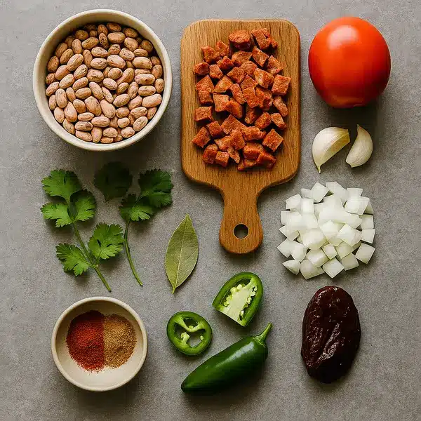 Charro Beans Recipe: The Best Easy & Smoky Mexican Side Dish 6 Ingredients for charro beans recipe including pinto beans, chorizo, and spices