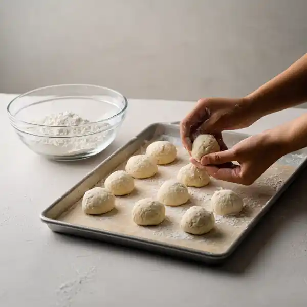 Everything Bagel You’ll Love, Easy, Homemade & High Protein 16 hands shaping dough balls on a floured baking tray beside a bowl of flour