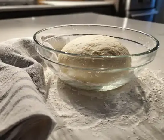 Everything Bagel You’ll Love, Easy, Homemade & High Protein 15 ball of dough rising in a glass bowl on floured countertop with kitchen towel