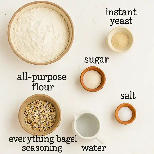 Everything Bagel You’ll Love, Easy, Homemade & High Protein 13 labeled ingredients for everything bagel including flour, yeast, sugar, salt, water, and seasoning
