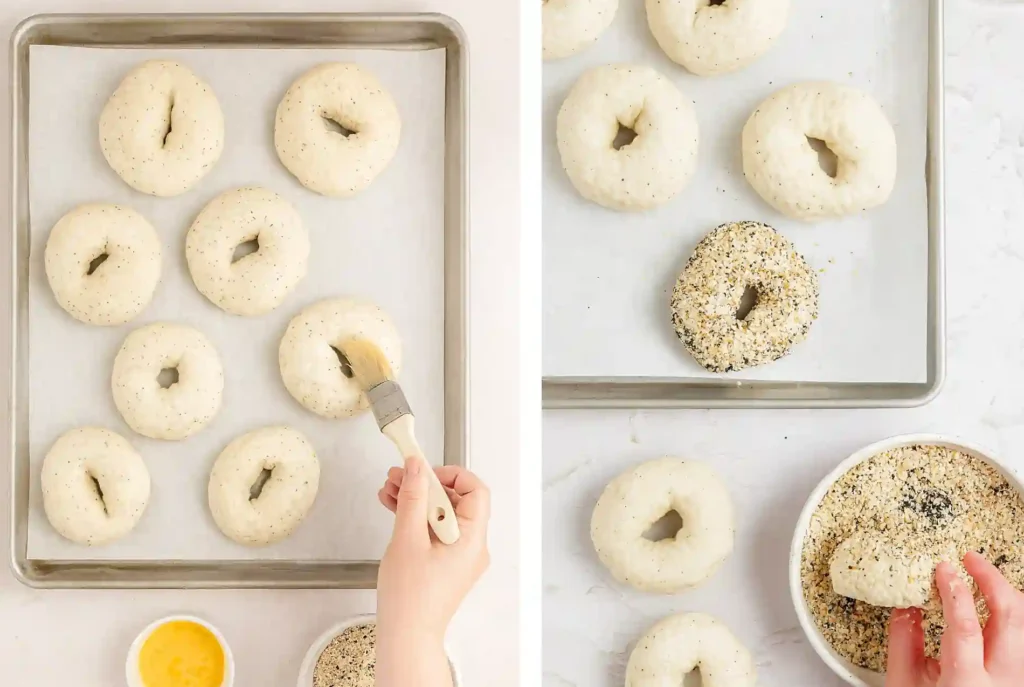 Everything Bagel You’ll Love, Easy, Homemade & High Protein 18 step-by-step everything bagel prep showing egg wash and seasoning dip on dough