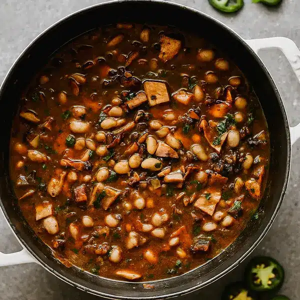 Charro beans recipe in rustic bowl with tortillas