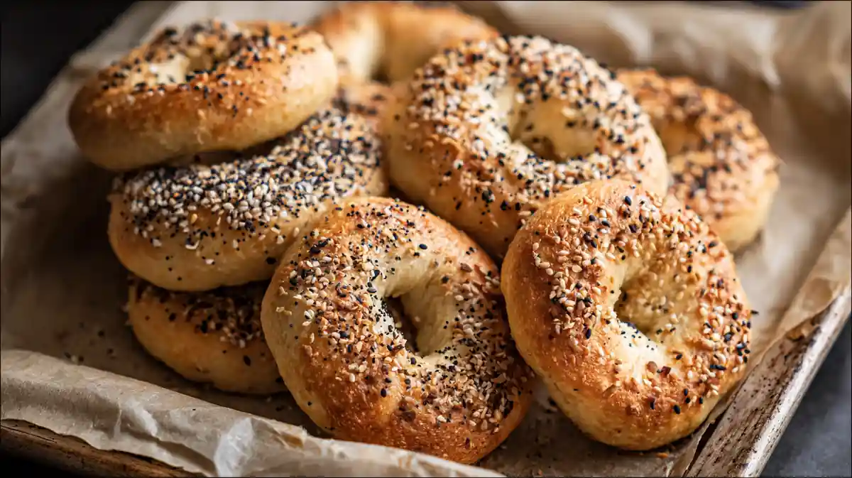 Best Protein Bagels Recipe Hub– Family-Approved 15 Golden brown protein bagels in a basket with one sliced and spread with cream cheese on a breakfast table