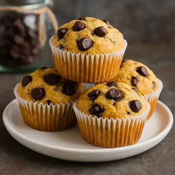 freshly baked protein muffins with chocolate chips in muffin tray