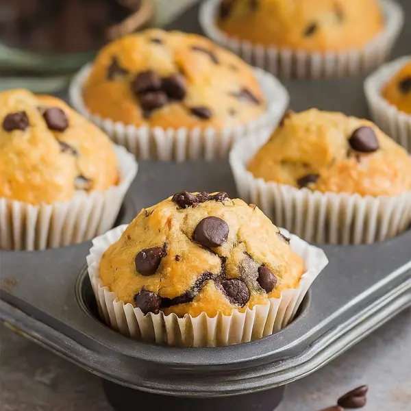 Protein Muffin Recipe – 5 Ingredients, Best and Most Powerful Results 7 stacked protein muffins with chocolate chips on plate