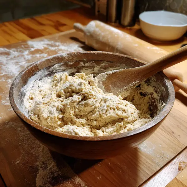 Healthy Multigrain Bagel Recipe You’ll Love. Powerful & Easy 15 Rustic wooden bowl with flour-dusted dough and spoon on wooden surface