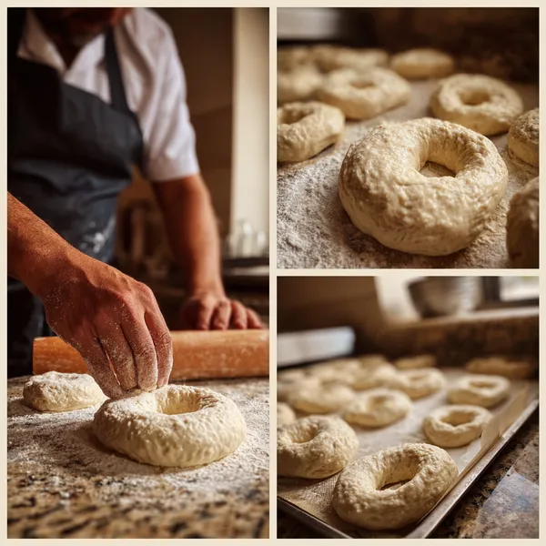 Healthy Multigrain Bagel Recipe You’ll Love. Powerful & Easy 17 Fresh bagel dough rings on floured counter and baking sheet, hands shaping dough