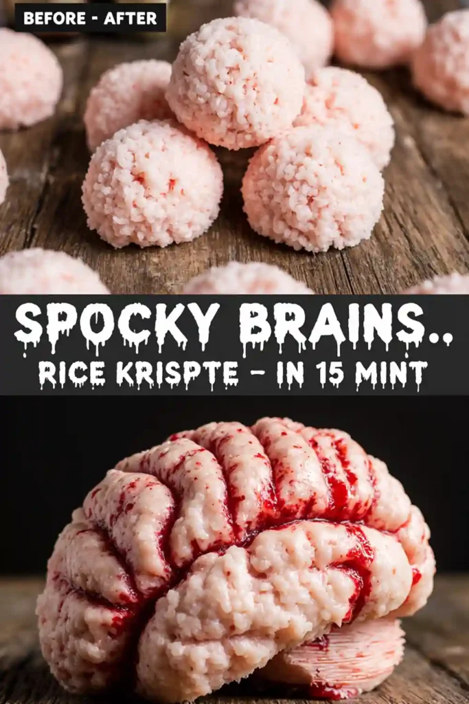 Creepy-Cute Marshmallow Rice Krispie Halloween Brains (with “Bloody” Details!) 2 realistic brain-shaped dessert on top of rice krispie square with spooky Halloween table setup
