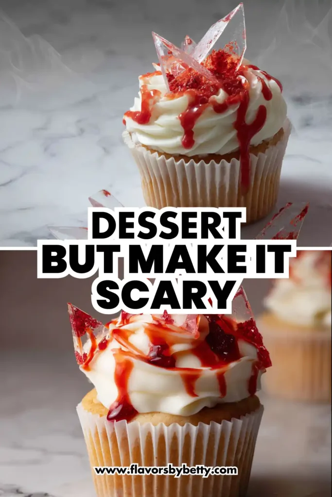 Bloody Halloween Cupcakes (Strawberry Cheesecake with Edible Glass & Fake Blood) 6 Vanilla cupcakes with white frosting, sugar glass shards, and red syrup drizzle on marble