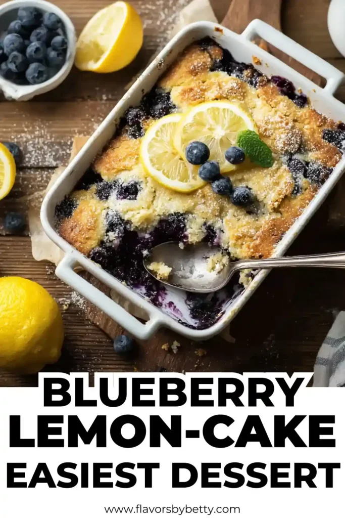 Lemon Blueberry Dump Cake – The Most-Saved Dessert of 2025 2 Blueberry lemon cobbler in a white baking dish surrounded by fresh blueberries and lemons with text '5 Ingredients. One Pan. Pure Magic.