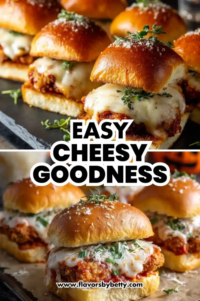 Halloween Chicken Parm Sliders – Spooky & Cheesy Party Favorite 2 Golden baked meatball sliders topped with melted cheese, marinara sauce, and fresh herbs on a black serving tray.