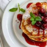 Stack of fluffy ricotta pancakes topped with glossy tart cherry compote, mint garnish, and powdered sugar on a white plate
