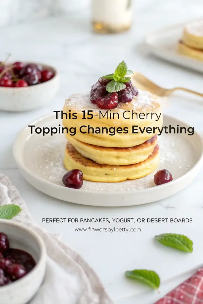 Tart Cherry Compote (Your New Favorite Pancake Topping!) 2 White plate with a stack of pancakes and thick cherry compote on top.