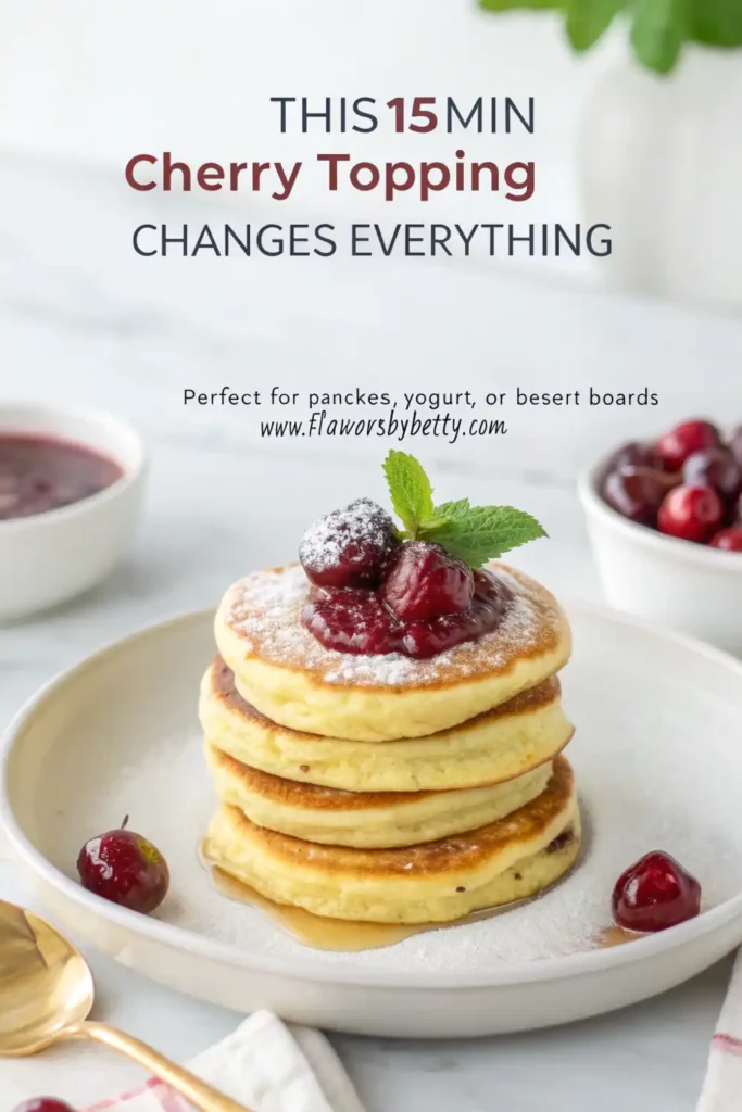 Tart Cherry Compote (Your New Favorite Pancake Topping!) 3 Glass jar filled with cherry compote, spoon inside, surrounded by fresh cherries and pancake batter setup