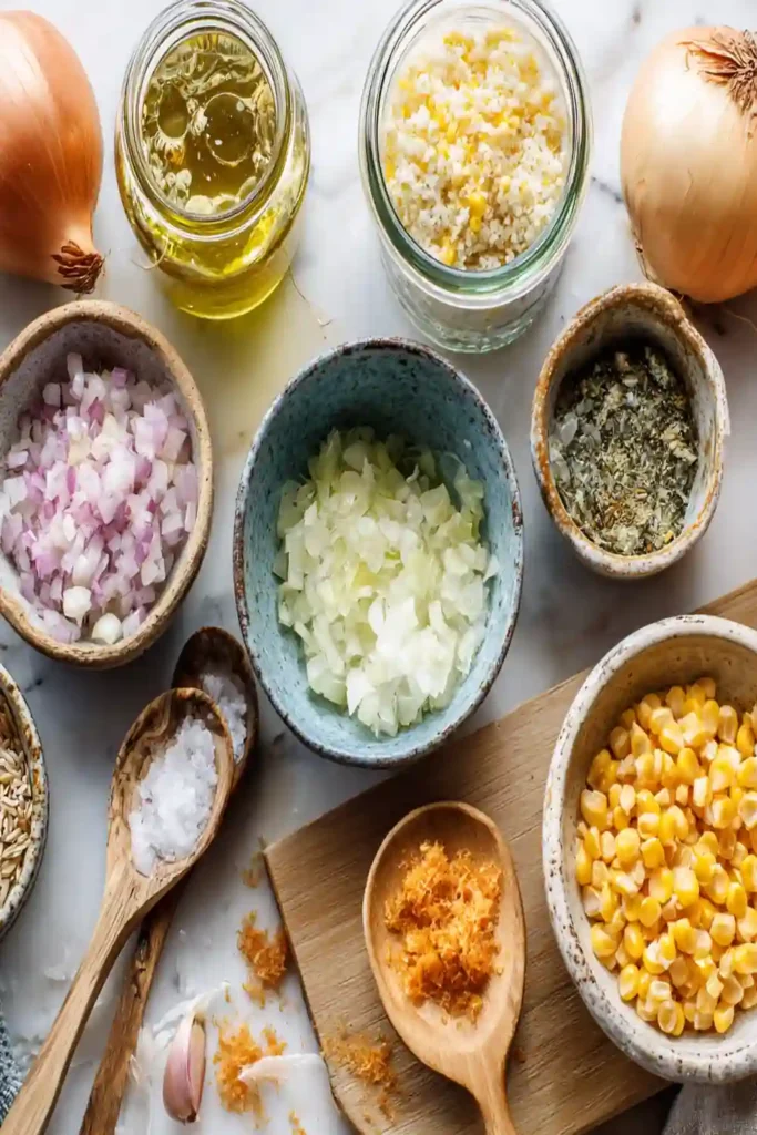 Irresistibly Creamy Mexican Street Corn Soup | High‑Protein, Flavorful & Cozy 2 flat lay of raw ingredients for corn soup including chopped onions, garlic, corn, oil, and spices