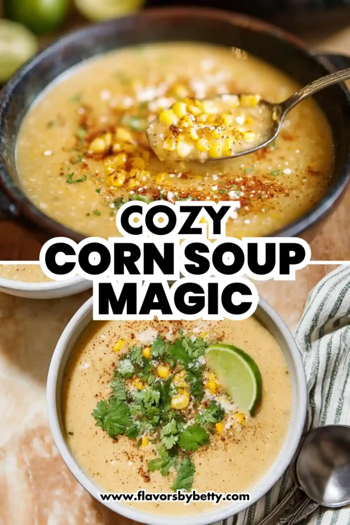 Irresistibly Creamy Mexican Street Corn Soup | High‑Protein, Flavorful & Cozy 4 close-up of creamy corn soup with chili powder, cotija, and roasted corn in rustic black bowl