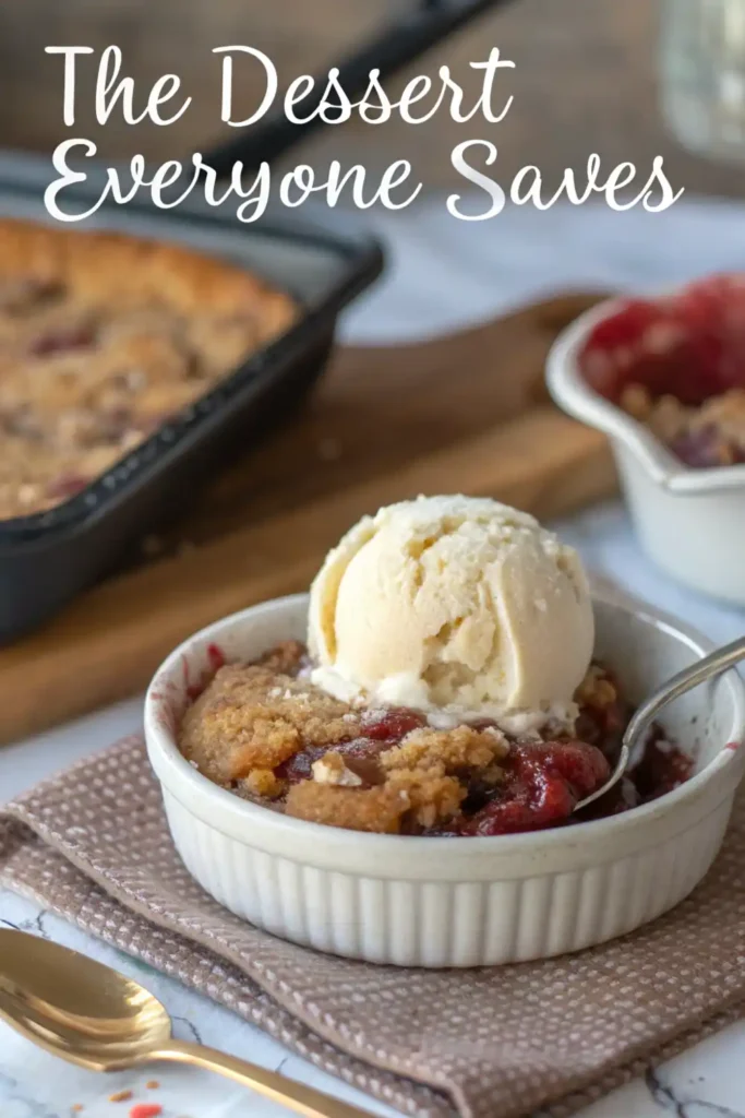 Lemon Blueberry Dump Cake – The Most-Saved Dessert of 2025 4 Warm cherry cobbler topped with a scoop of vanilla ice cream in a white ramekin with text 'The Dessert Everyone Saves