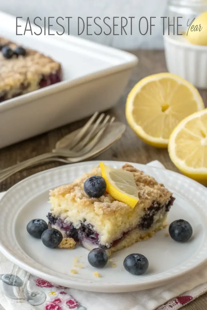 Lemon Blueberry Dump Cake – The Most-Saved Dessert of 2025 3 Slice of blueberry lemon crumble cake topped with fresh blueberries and lemon slice with text 'Easiest Dessert of the Year