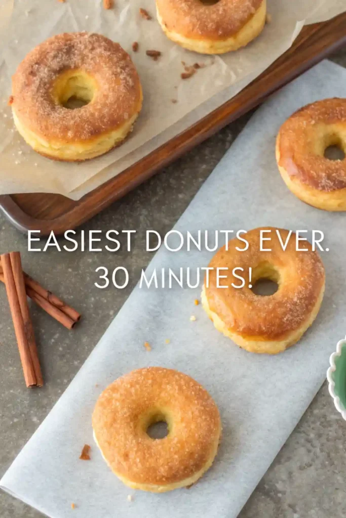 Cinnamon Sugar Donuts – Easy Biscuit Dough Hack 2 golden cinnamon donuts on baking paper with text overlay “easiest donuts ever, 30 minutes”