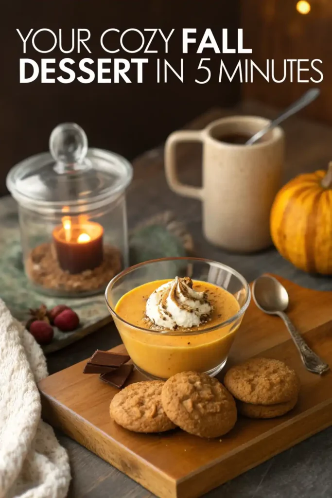 Pumpkin Mousse – Creamy 3‑Ingredient No‑Bake Dessert 4 pumpkin mousse topped with cream, chocolate, cookies, and cozy fall props like candle, mug, and pumpkin