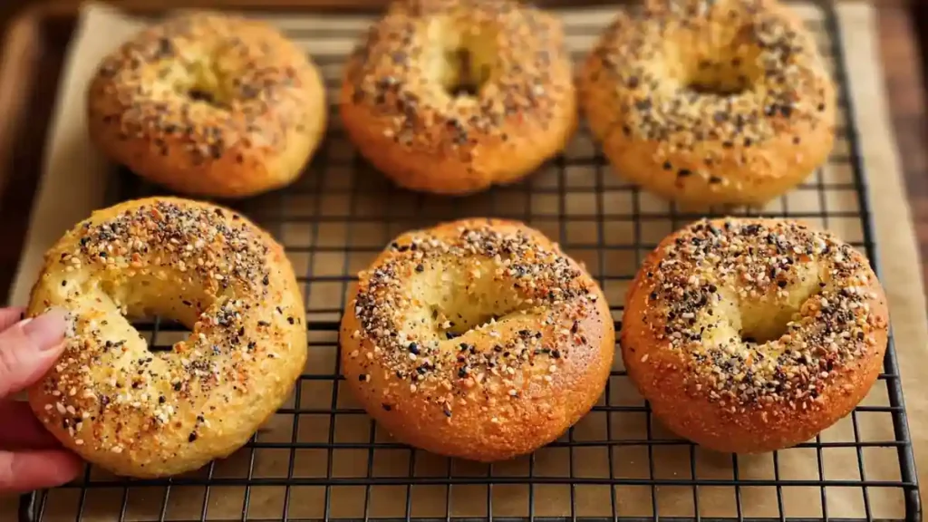These Protein Bagels With Almond Flour Are So Good, Even the Kids Ate Them 10 freshly baked almond flour protein bagels with everything seasoning on cooling rack