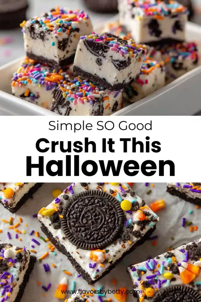 Easy Halloween Oreo Cake Bars (Spooky Fun in 30 Minutes!) 6 Halloween Oreo fudge bars topped with colorful sprinkles and crushed cookies in white tray