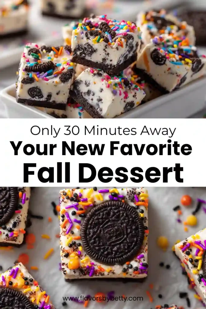 Easy Halloween Oreo Cake Bars (Spooky Fun in 30 Minutes!) 5 Fall-themed Oreo fudge bars decorated with orange, purple, and black sprinkles on parchment