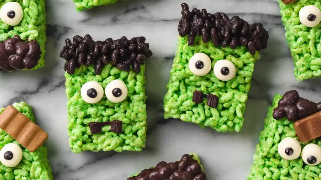 Frankenstein Rice Krispie Treats – A Spooky Halloween Snack! 5 green Frankenstein Rice Krispie treats with candy eyes, chocolate hair, and edible decorations on marble background
