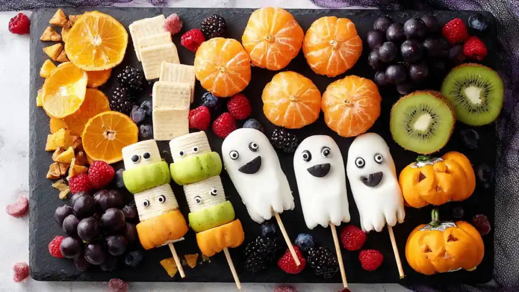 Halloween Snack Board – A Healthier Spooky Treat for Kids 2 Halloween fruit platter with ghost-shaped banana pops, jack-o’-lantern oranges, kiwi, grapes, and berries
