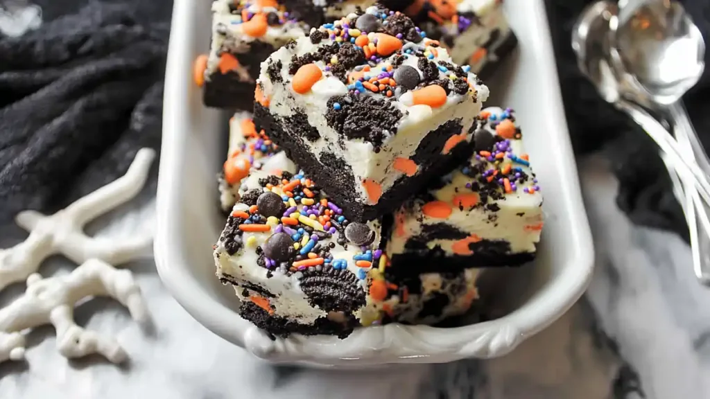 fudgy Halloween brownies topped with crushed cookies, sprinkles, and candy-coated chocolates