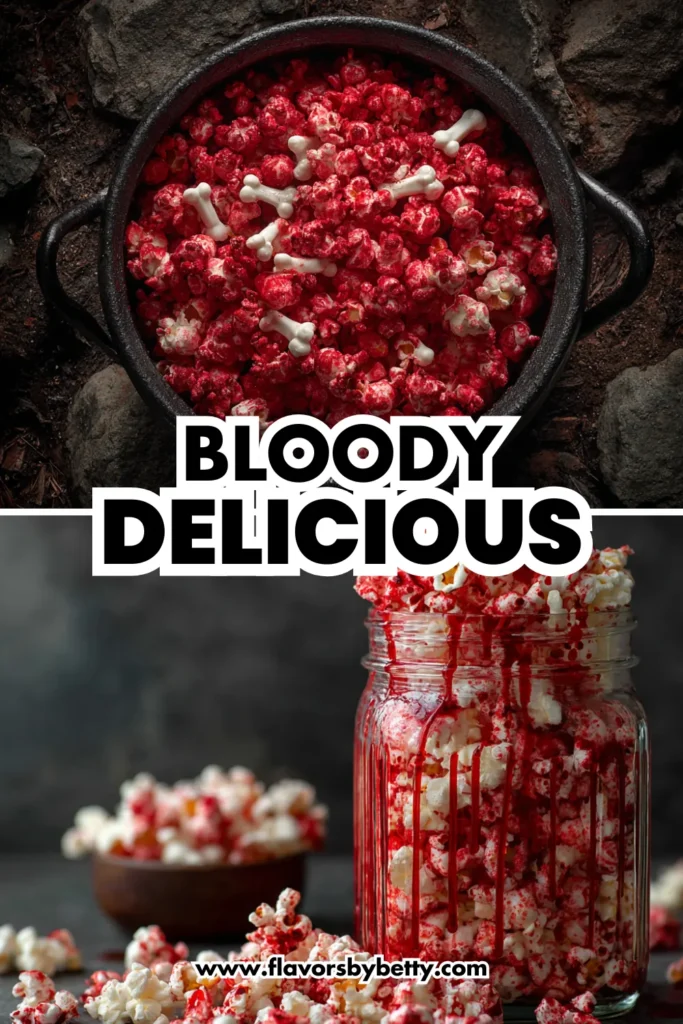 Bloody Popcorn with Bones – The Spookiest Sweet & Salty Halloween Snack 4 spooky red candied popcorn with candy bones in black cauldron and mason jar