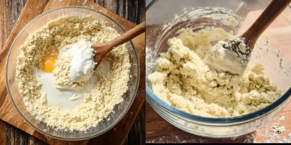 These Protein Bagels With Almond Flour Are So Good, Even the Kids Ate Them 13 side-by-side almond flour dough mixing process with egg, yogurt, and wooden spoon