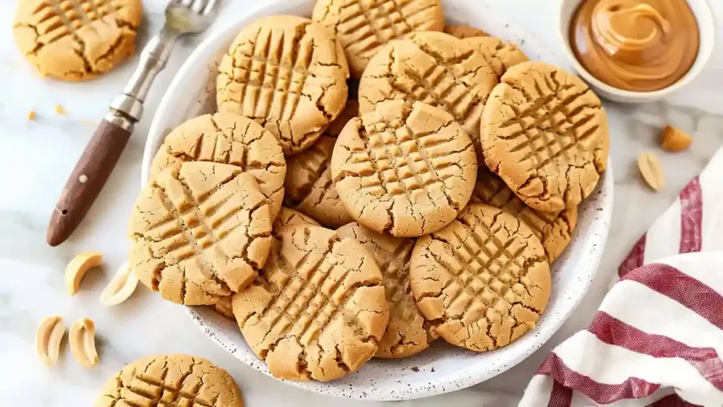 Classic peanut butter cookies with criss-cross fork marks on a white plate with peanuts and striped towel