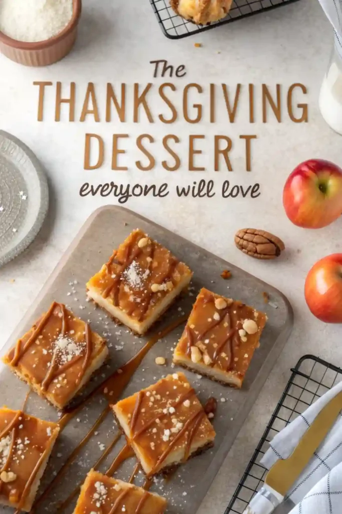 Salted Caramel Apple Cheesecake Bars The Ultimate Fall Dessert 3 caramel-drizzled cheesecake bars with macadamia nuts on a platter, surrounded by fresh apples and pecans