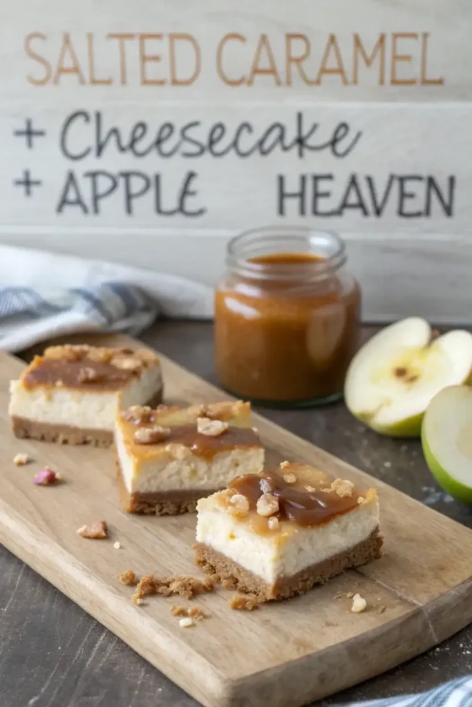 Salted Caramel Apple Cheesecake Bars The Ultimate Fall Dessert 4 cheesecake bars topped with salted caramel sauce and chopped walnuts, served with green apples