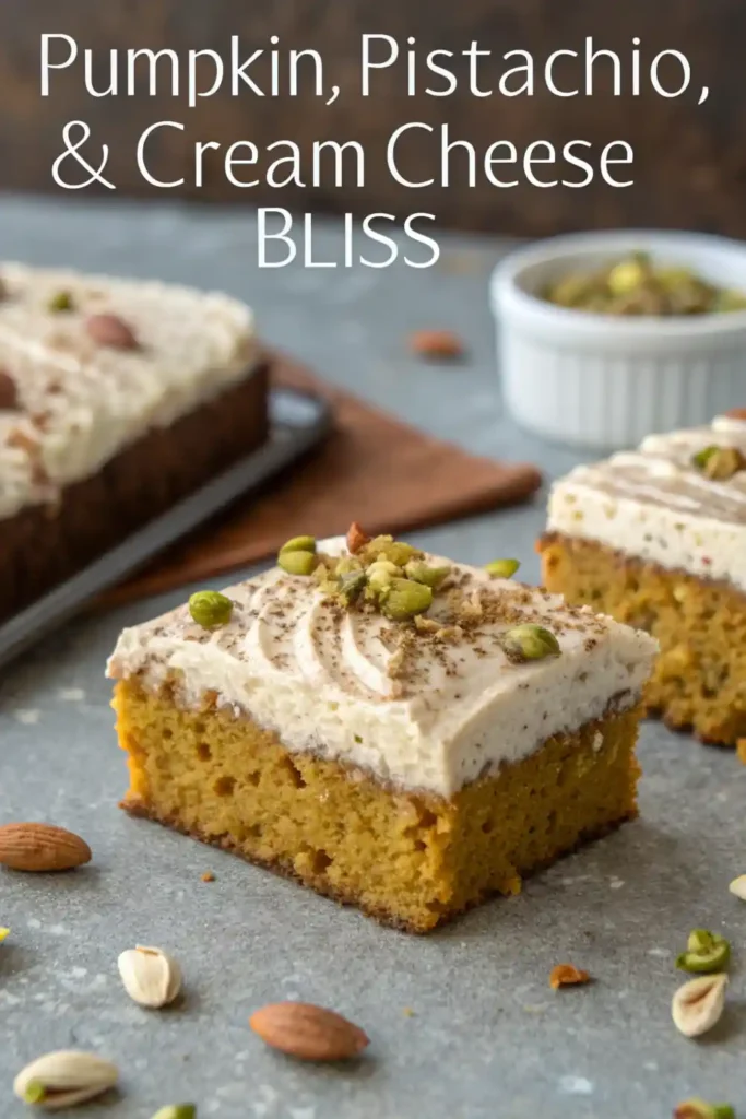 Pistachio Pumpkin Bars – The Fall Dessert You Didn’t Know You Needed 3 pumpkin cake slice with cream cheese frosting and pistachios on rustic table