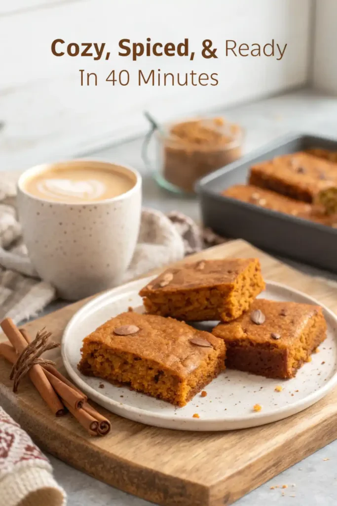 Pistachio Pumpkin Bars – The Fall Dessert You Didn’t Know You Needed 4 spiced pumpkin cake bars on a plate with cinnamon sticks and latte